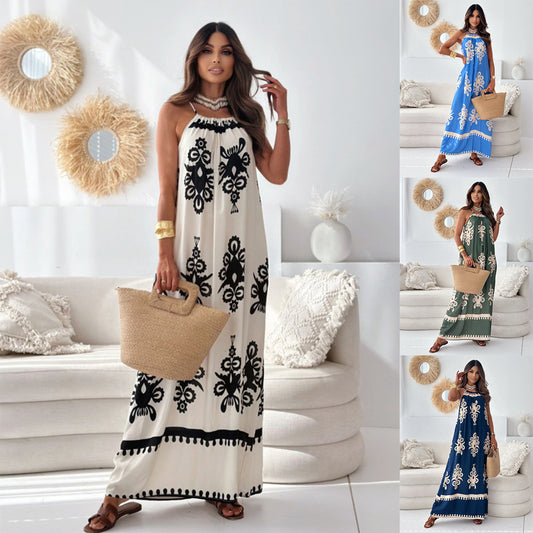 Popular trade 2025 women's clothing   popular summer positioning flower printing suspender long dress dress