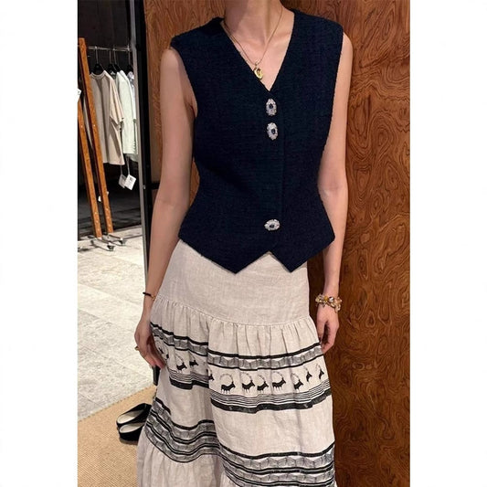Siyuan, high-end fixed placket buckle decorative V-neck waist sleeveless small fragrant vest top women's summer new 7833