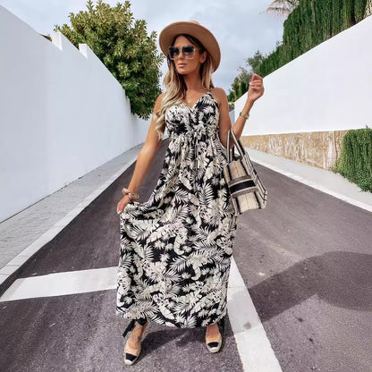 Popular trade 2025 women's clothing popular summer  v-neck sleeveless suspender printed bohemian dress