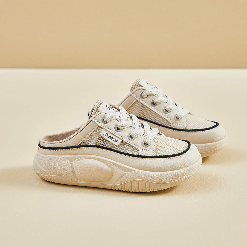 2025  summer new half-tray white shoes women's mesh breathable student board shoes casual thick sole height increase HB6608-1