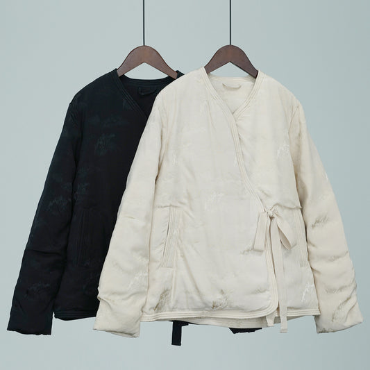 retro literary V-neck jacquard down lace-up temperament dark pattern jacquard white duck down jacket W24361