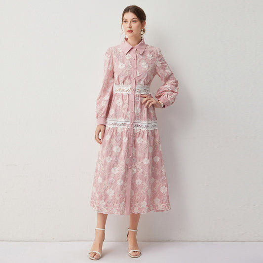 Premium embroidery hollow long skirt spring new water-soluble flower lapel long-sleeved single-breasted dress