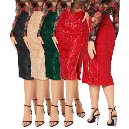 SIXSR Short skirt Spice girl Popular trade INS style skirt summer women's temperament slim hip skirt split sequined skirt women