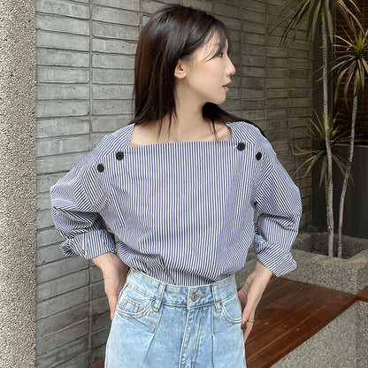 Spring  New Striped Shirt Women's Fashion Square Neck Design Sense Long Sleeve Pullover Thin Room Strip Shirt Women's