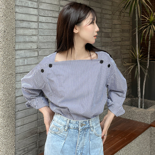 Spring  New Striped Shirt Women's Fashion Square Neck Design Sense Long Sleeve Pullover Thin Room Strip Shirt Women's