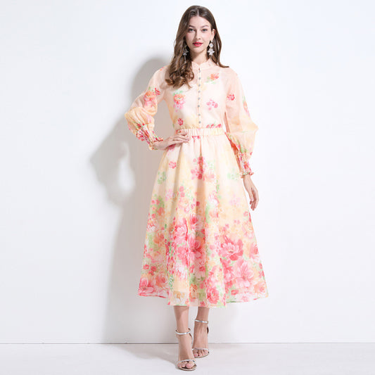 court style dress women's spring and autumn design sense printed breasted button waist thin long high-end holiday dress