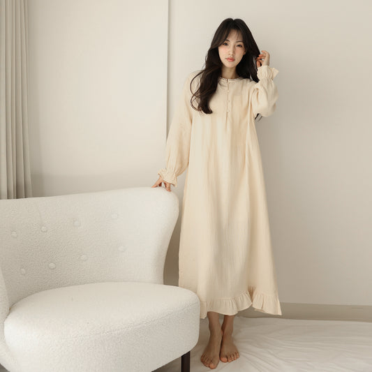 Pure cotton ruffle edge nightdress design sense lace lace splicing neckline sweet long dress lazy style long sleeve loungewear