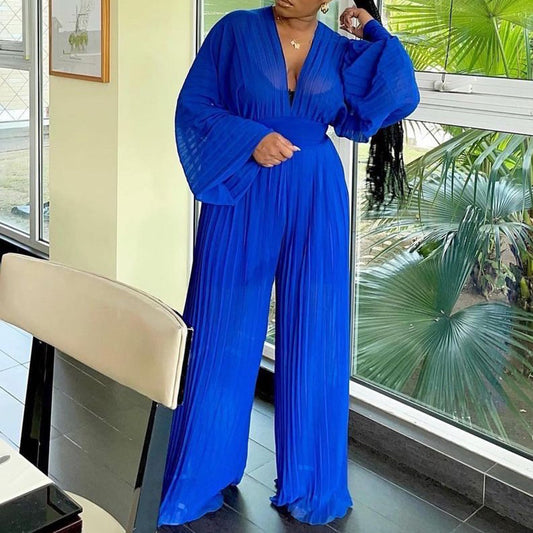 SIXSR D185 Popular trade women's clothing popular new chiffon pleated V-neck top wide-leg pants two-piece set 2025 casual suit