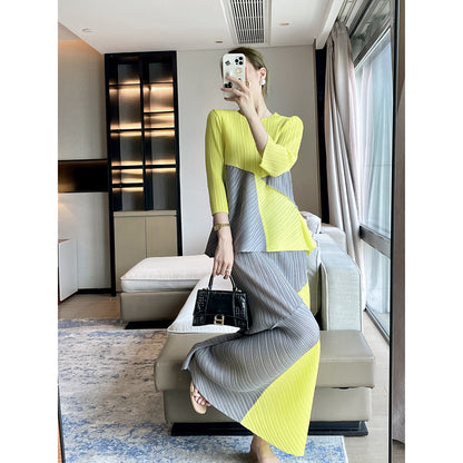 Folds  autumn designer high-end color matching fashion casual suit queen fan temperament elegant two-piece set