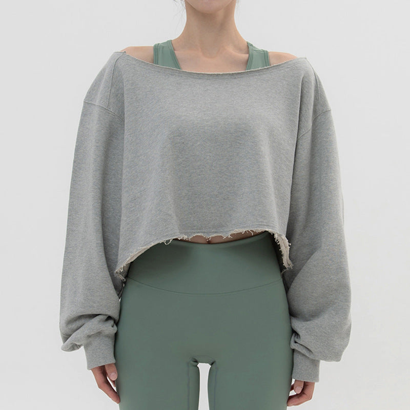 Sports slanted shoulder sweater spring and autumn new casual yoga clothes one-word collar short loose blouse long-sleeved dance top