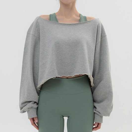 Sports slanted shoulder sweater spring and autumn new casual yoga clothes one-word collar short loose blouse long-sleeved dance top
