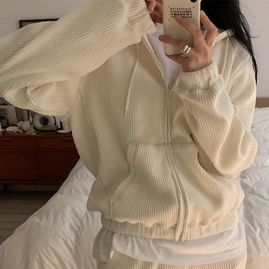 autumn and winter new simple and versatile suit corduroy hooded cardigan long-sleeved Korean sweater two-piece women's clothing