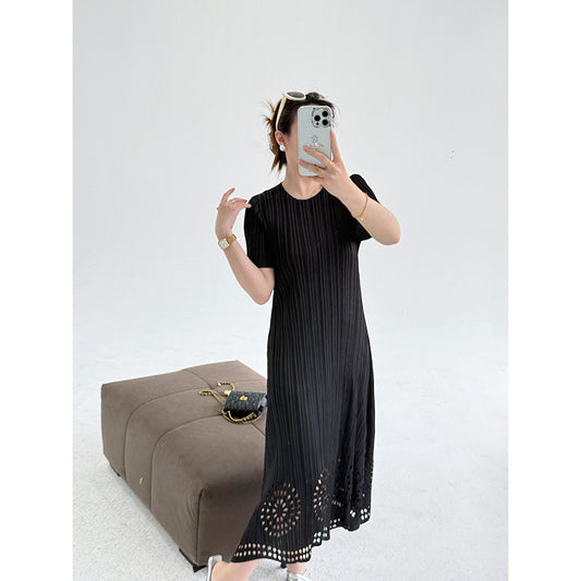 summer new burnt flower pleated high-end  holiday style pleated dress short sleeve thin long dress women
