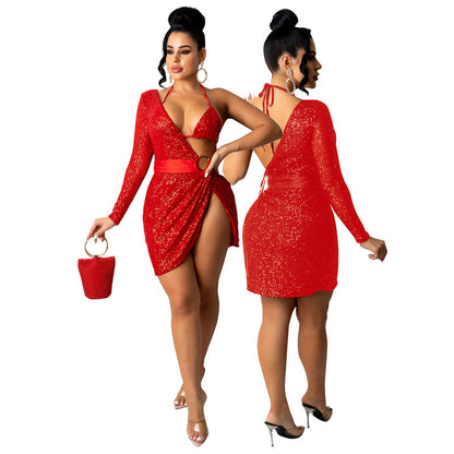 SIXSR dress summer women's sequined backless dress nightclub with underwear long-sleeved dress two-piece set