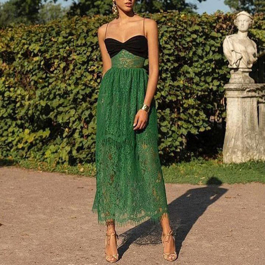 summer  new New women's dress suspender sexy lace green hollow holiday multi-layer long dress
