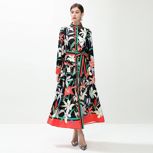 celebrities retro fashion printed stand-up collar single-breasted dress women's waist temperament big pendulum long skirt