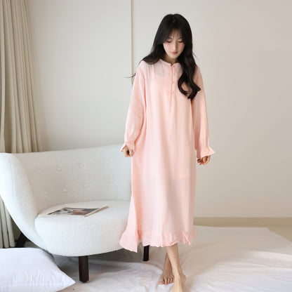 Pure cotton ruffle edge nightdress design sense lace lace splicing neckline sweet long dress lazy style long sleeve loungewear