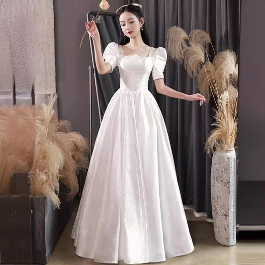 Spring small evening dress  new  white temperament simple and generous light wedding dress engagement women manufacturers wholesale