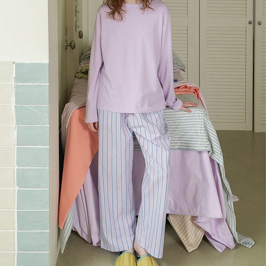 Spring loungewear two-piece set solid color round neck long-sleeved T-shirt + elastic waist striped trousers set women's clothing can be worn outside
