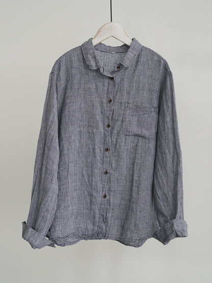 high-quality yarn-dyed linen plaid lapel shirt, literary and retro simple commuter plaid top W24345