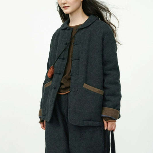 retro and old dyed thickened cotton-padded clothes, casual loose thin cotton lapel cotton-padded jacket M24342 long sleeves