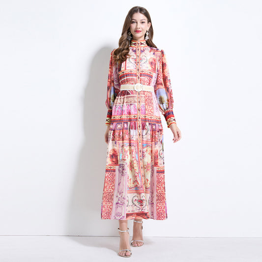 court style lantern sleeve dress spring dress femininity stand-up collar breasted slim chiffon printed vacation dress