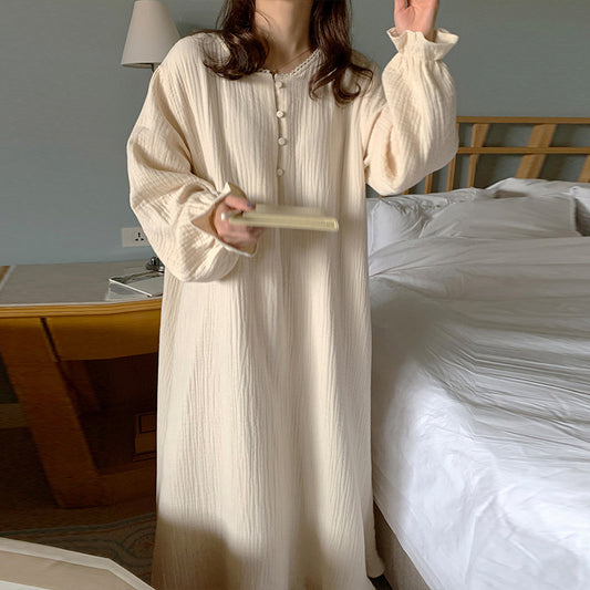 Gentle and lazy  ins style, new cotton crepe long dress, sweet girl loose simple pajama dress