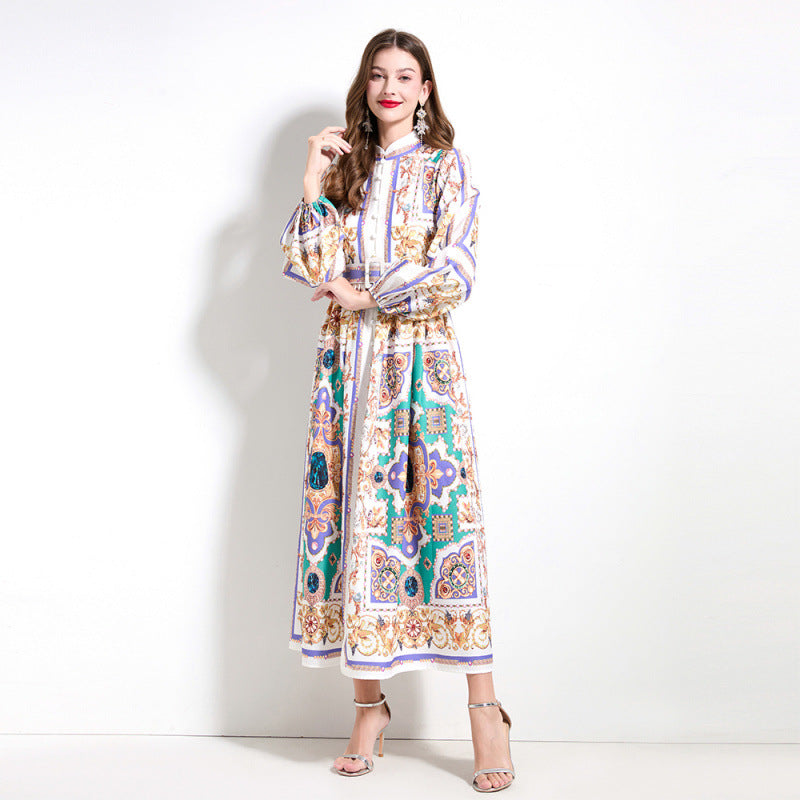 Popularan court style temperament dress spring dress women's shirt collar breasted slim fit long design printed skirt