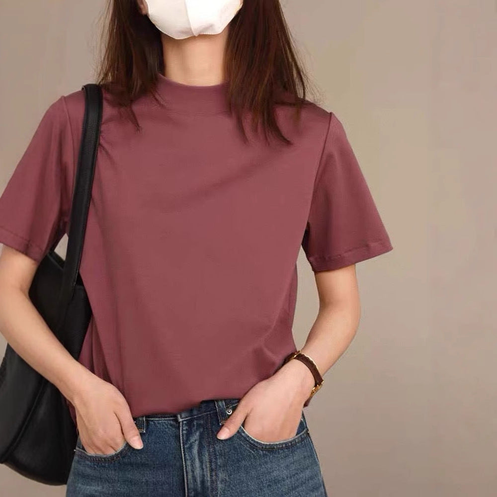 Siyuan, minimalist solid color comfortable horse cotton short-sleeved front shoulder T-shirt women's semi-high round neck basic versatile top 8127