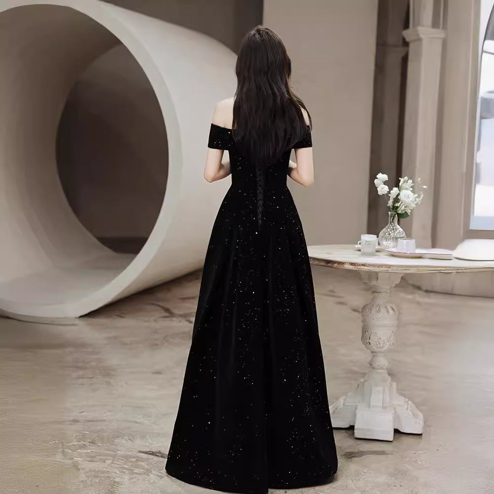 One-word shoulder black host evening dress dress banquet temperament  new star velvet summer long