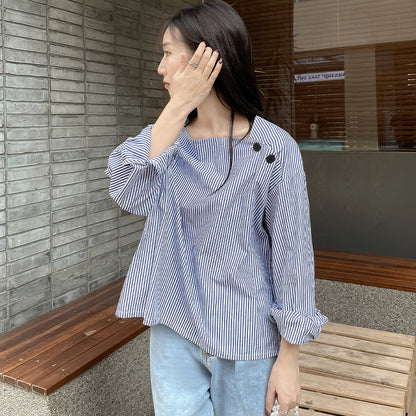 Spring  New Striped Shirt Women's Fashion Square Neck Design Sense Long Sleeve Pullover Thin Room Strip Shirt Women's