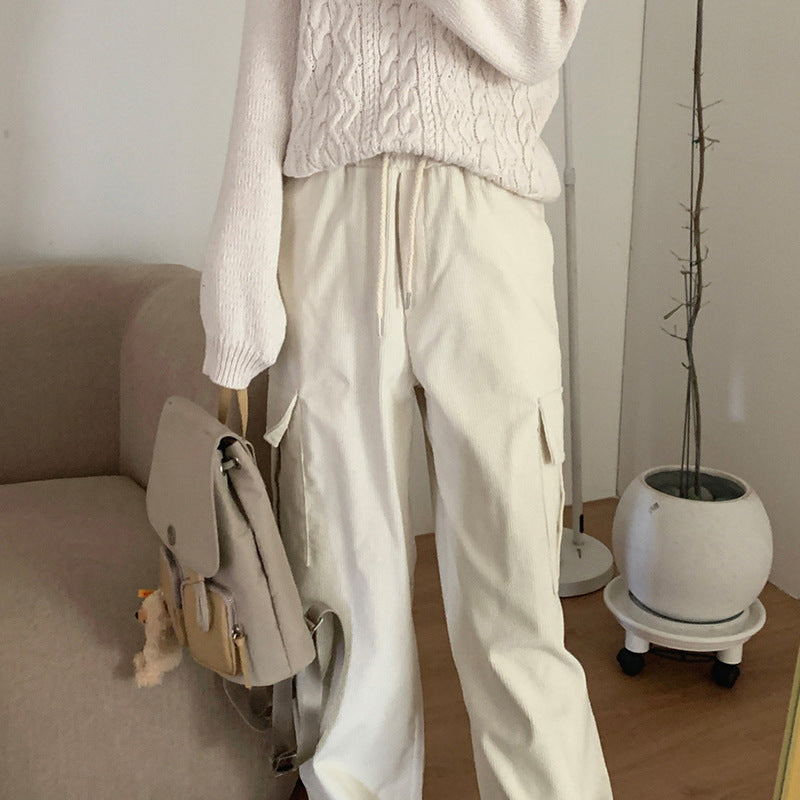 Korean spring and autumn loose overalls corduroy warm thickened strips high waist wide legs casual straight pants women