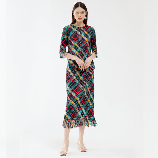 spring new fashion casual rhombus suit design top fringed a-shaped skirt women's two-piece set