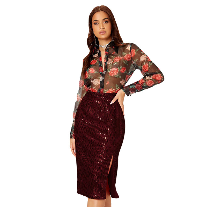 SIXSR Short skirt Spice girl Popular trade INS style skirt summer women's temperament slim hip skirt split sequined skirt women