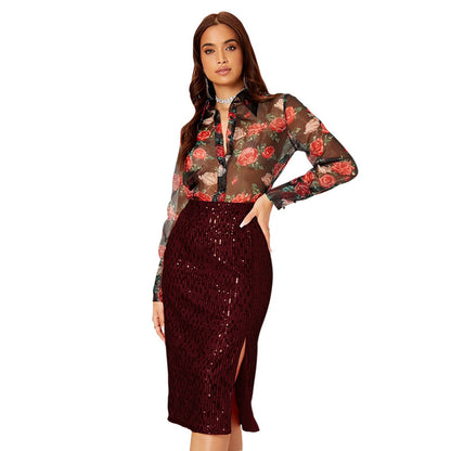 SIXSR Short skirt Spice girl Popular trade INS style skirt summer women's temperament slim hip skirt split sequined skirt women