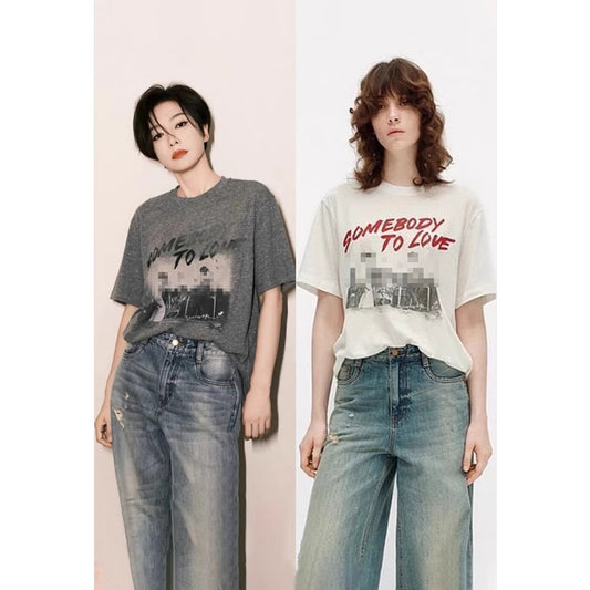 Siyuan M * home same style old rock print loose round neck short-sleeved T-shirt top women's 25 summer new 9070