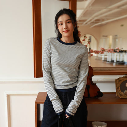 Long-sleeved striped T-shirt women's spring new Japanese and Korean casual fashion versatile jumper contrasting color round neck front shoulder top