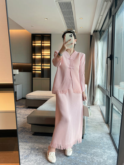 Miyake's new dragon scale pleated fashion suit women's high-end temperament slim top fringed design skirt two-piece set