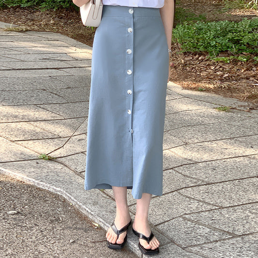 Skirt, medium and long summer women's clothing, Japanese blue skirt, elastic waist, hip-wrapped breasted design, over-the-knee A-shaped skirt