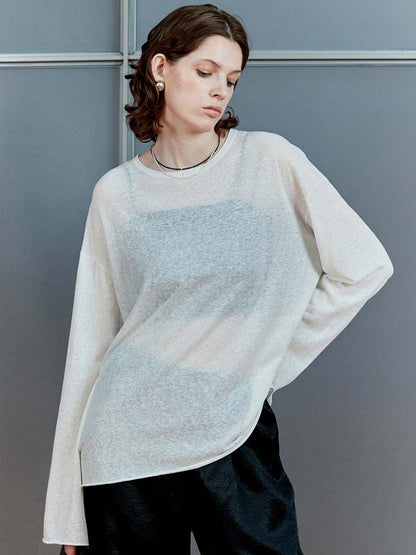 Siyuan, light and thin linen cotton, breathable, comfortable, hazy and transparent, sun protection, air feeling knitted long-sleeved blouse 8905