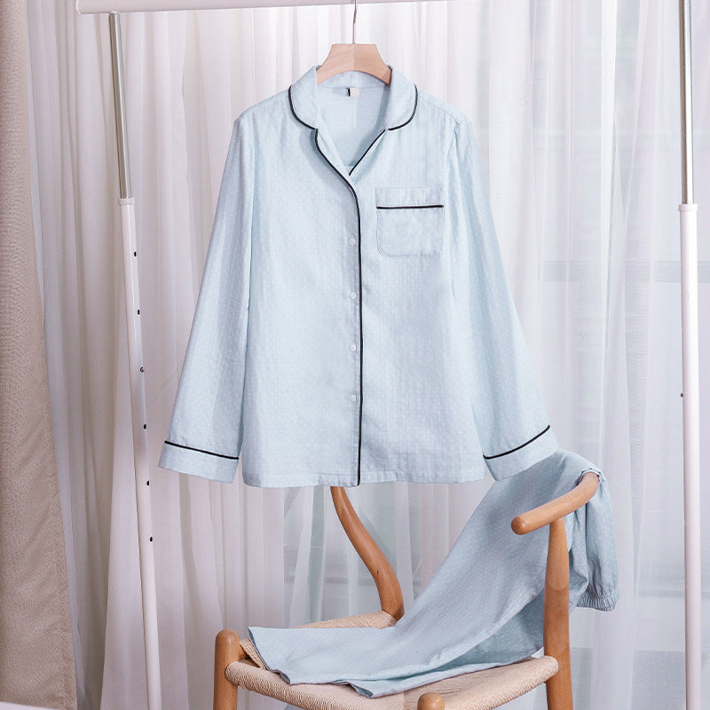 New Internet celebrity pure cotton contrasting polka dot couple pajamas set Korean version of simple high-end lapel long-sleeved cardigan
