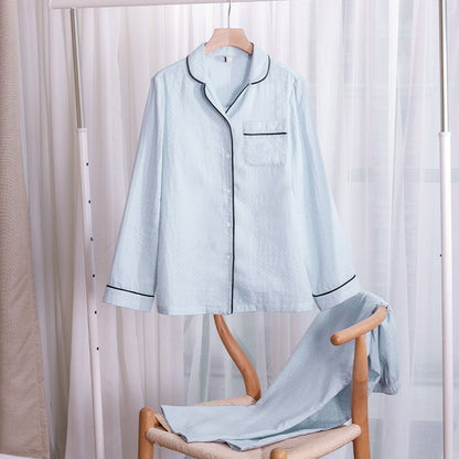 New Internet celebrity pure cotton contrasting polka dot couple pajamas set Korean version of simple high-end lapel long-sleeved cardigan