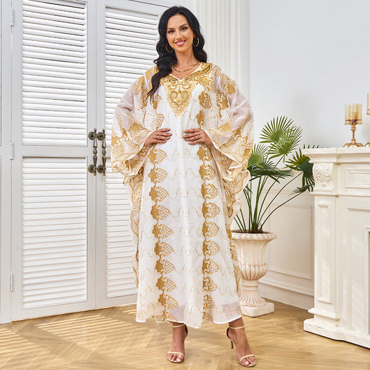 Popular trade Middle East Dubai fashion Arab embroidery gold beaded collar loose robe dress
