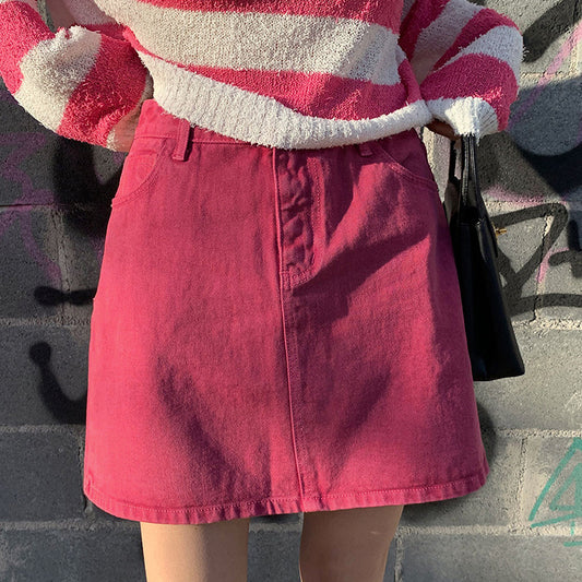A-shaped skirt, small Korean version short skirt, raspberry pink skirt, summer new, sweet and spice girl twill washed cotton hip skirt