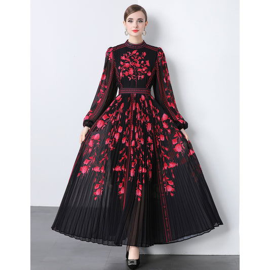 New women's clothing  new women's clothing dress large skirt printing pleated waist holiday dress