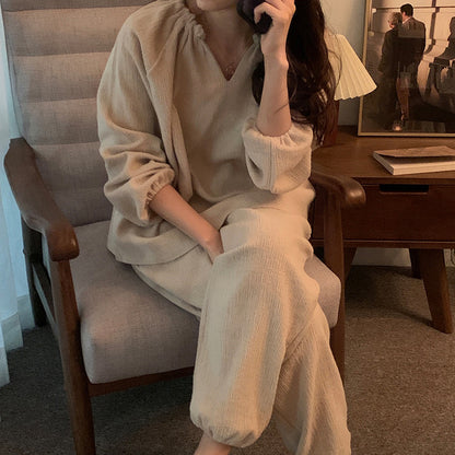 Spring Korean version ins style pure cotton loungewear women's V-neck loose simple lazy casual long-sleeved pajamas two-piece set