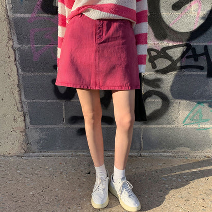 A-shaped skirt, small Korean version short skirt, raspberry pink skirt, summer new, sweet and spice girl twill washed cotton hip skirt