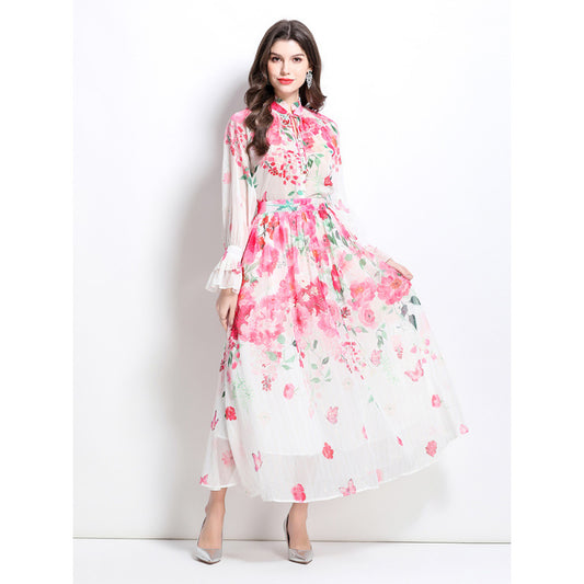 celebrities high-end lace-up flared sleeves printed chiffon top women's high waist hanging big swing skirt set