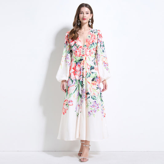 court dress femininity V-neck lantern sleeve breasted slim fit long design printed dress