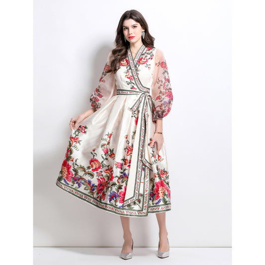 retro court style printed dress for women's design, waist strap V-neck lantern long-sleeved knee dress